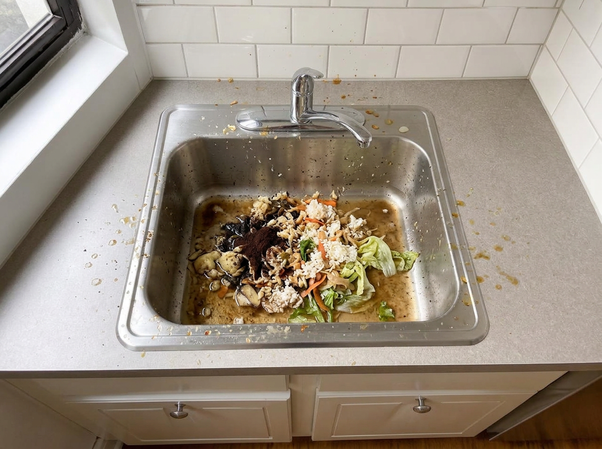Kitchen sink clogged with wet food waste before using ScrapCatch